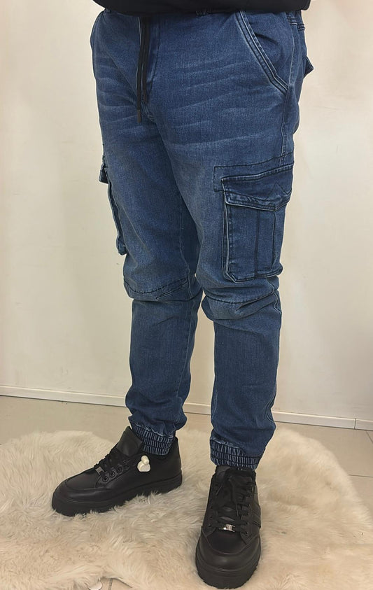 Cargo jean bleu style décontracté élastiqué aux chevilles