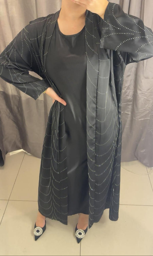 Ensemble abaya avec gilet long fluide avec strass élégants