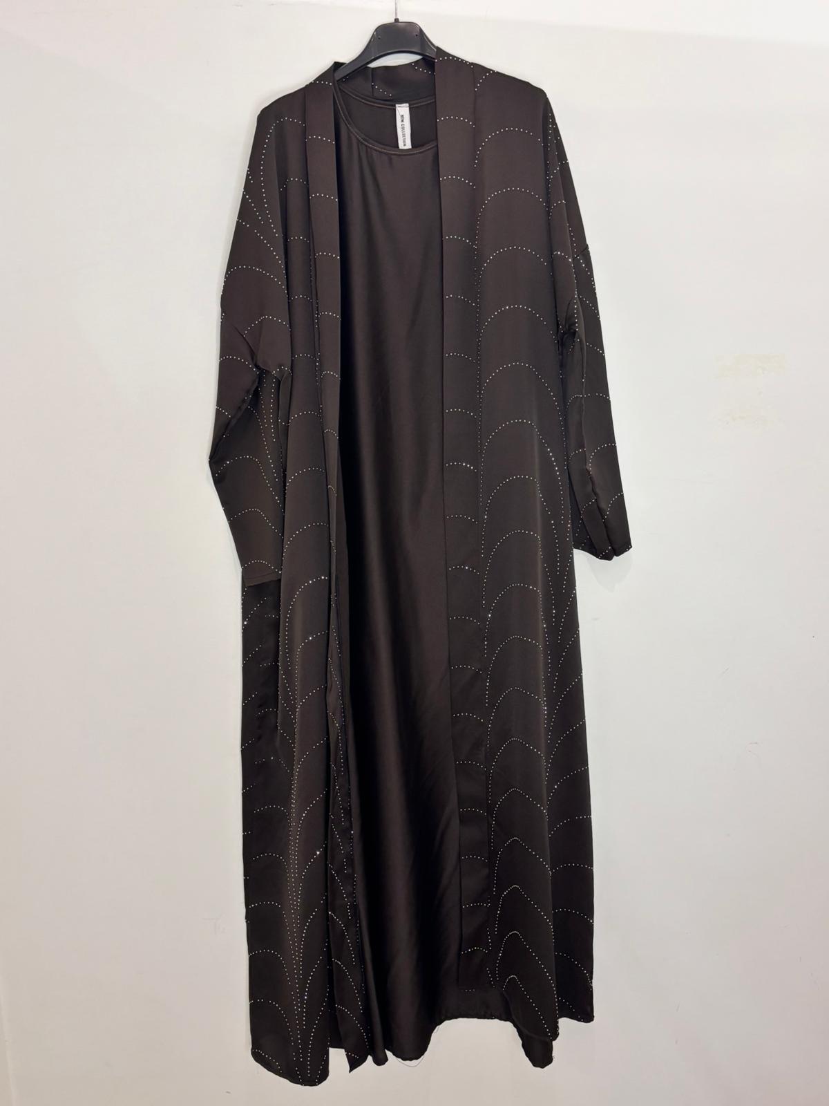 Ensemble abaya avec gilet long fluide avec strass élégants