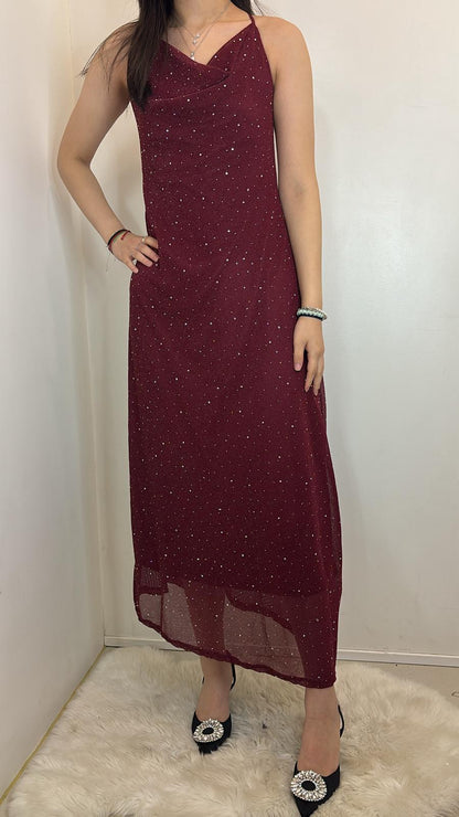 Robe longue scintillante coupe fluide bretelles fines