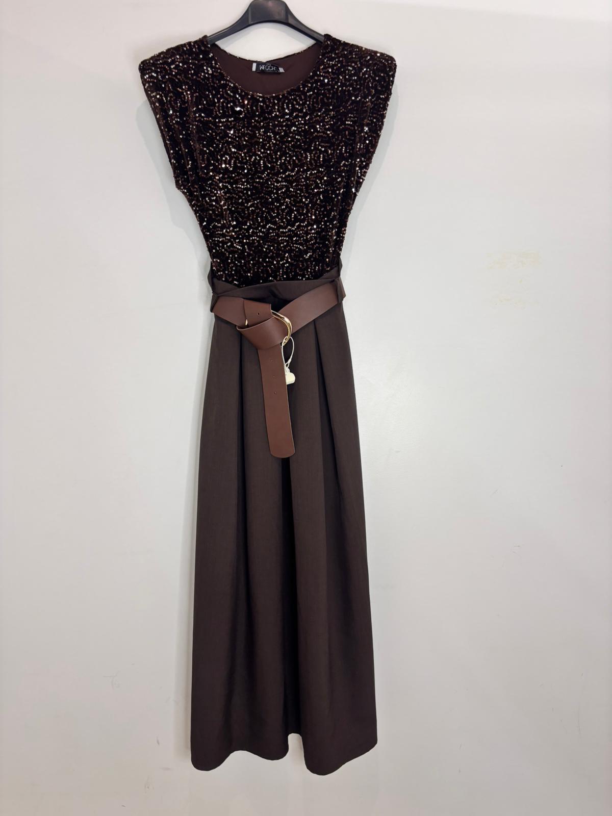 Robe de soirée haut en sequins scintillants & jupe plissée taille haute