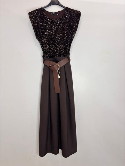 Robe de soirée haut en sequins scintillants & jupe plissée taille haute