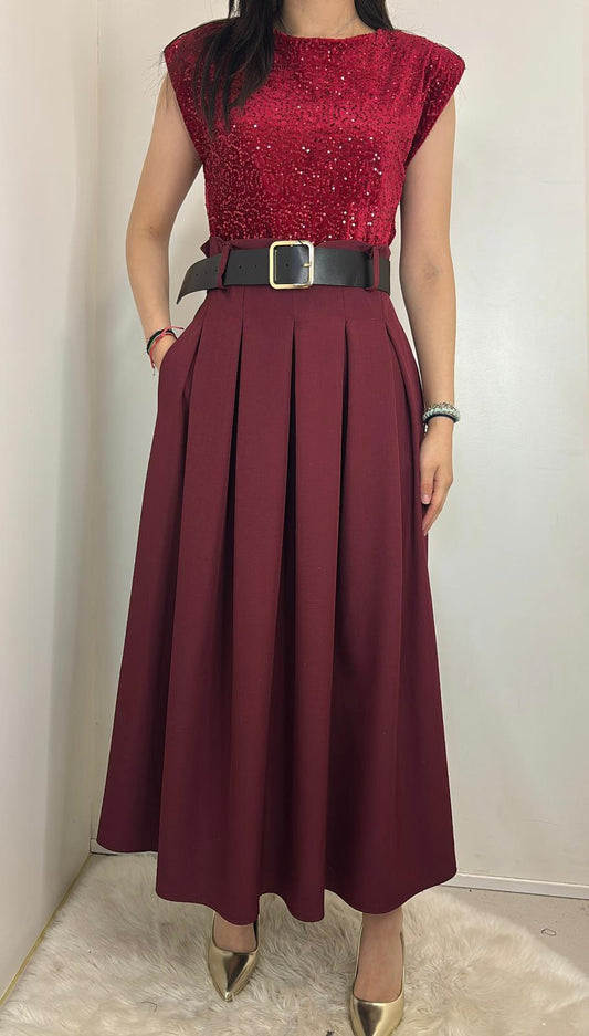 Robe de soirée haut en sequins scintillants & jupe plissée taille haute