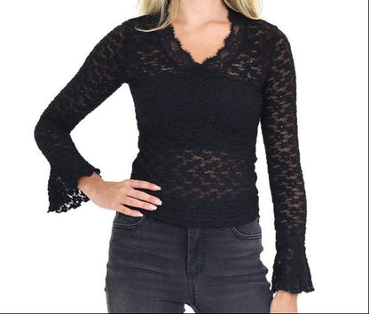 Top en dentelle à col V et manches évasées