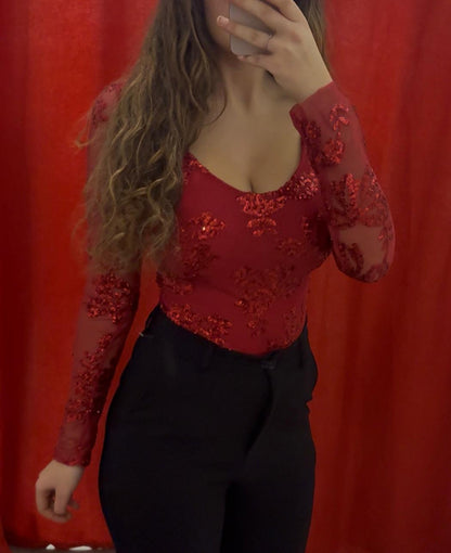 Body en tulle à sequins décolleté & manches longues