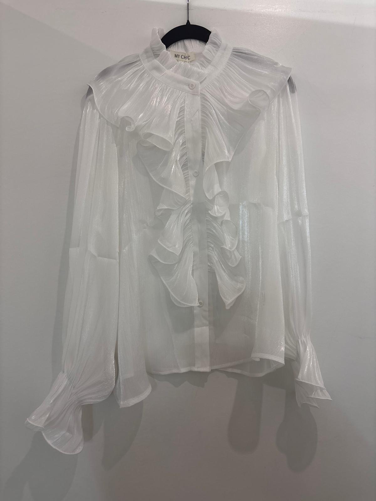 Blouse satinée à volants et col montant