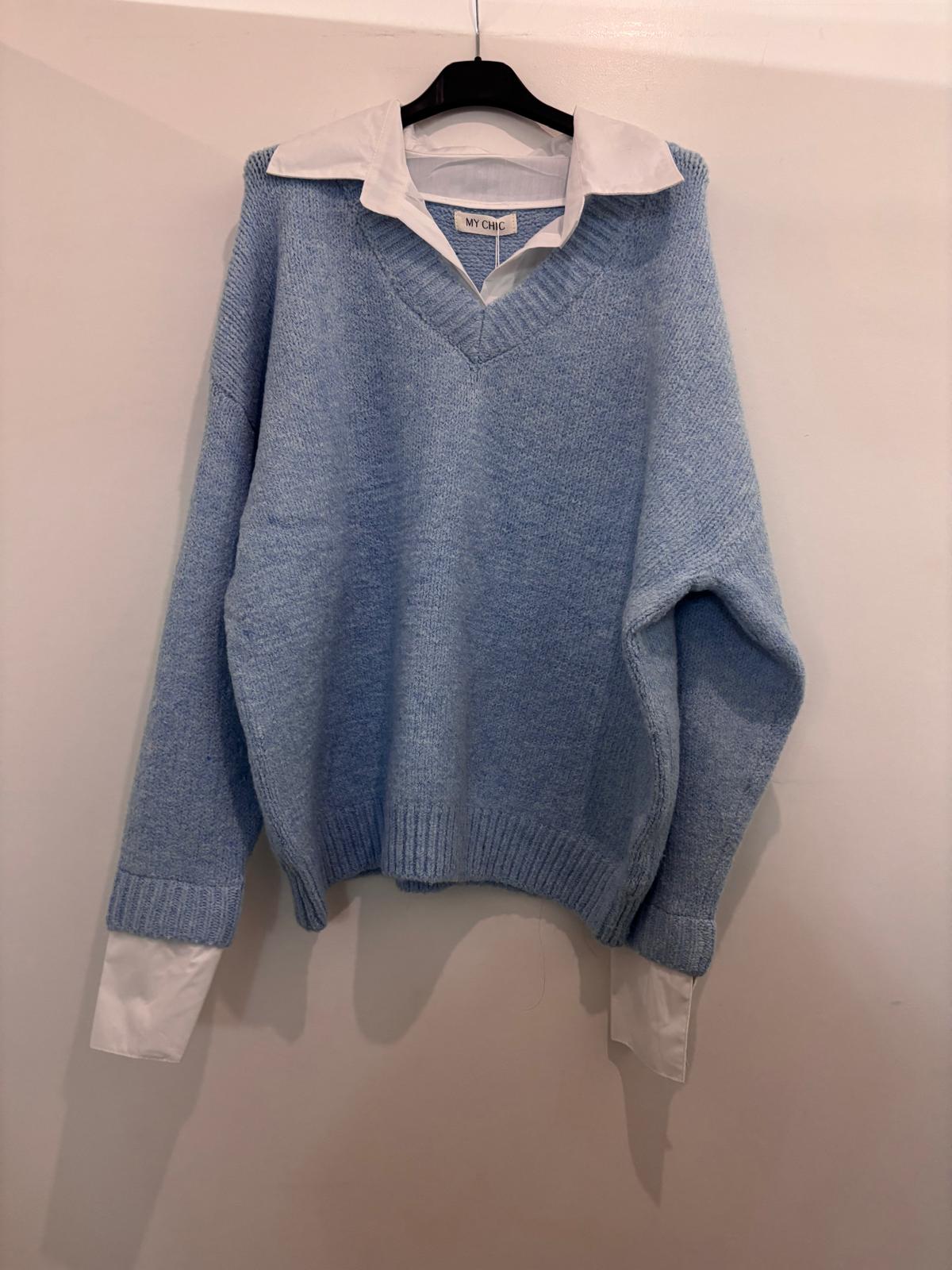 Pull en maille avec col V avec chemise blanche intégrée
