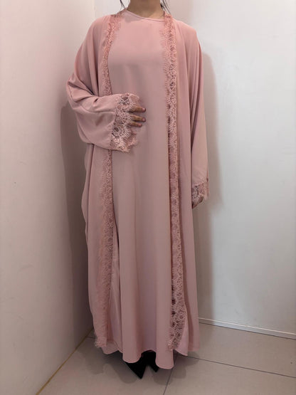 Ensemble long avec kimono et robe assortie en dentelle