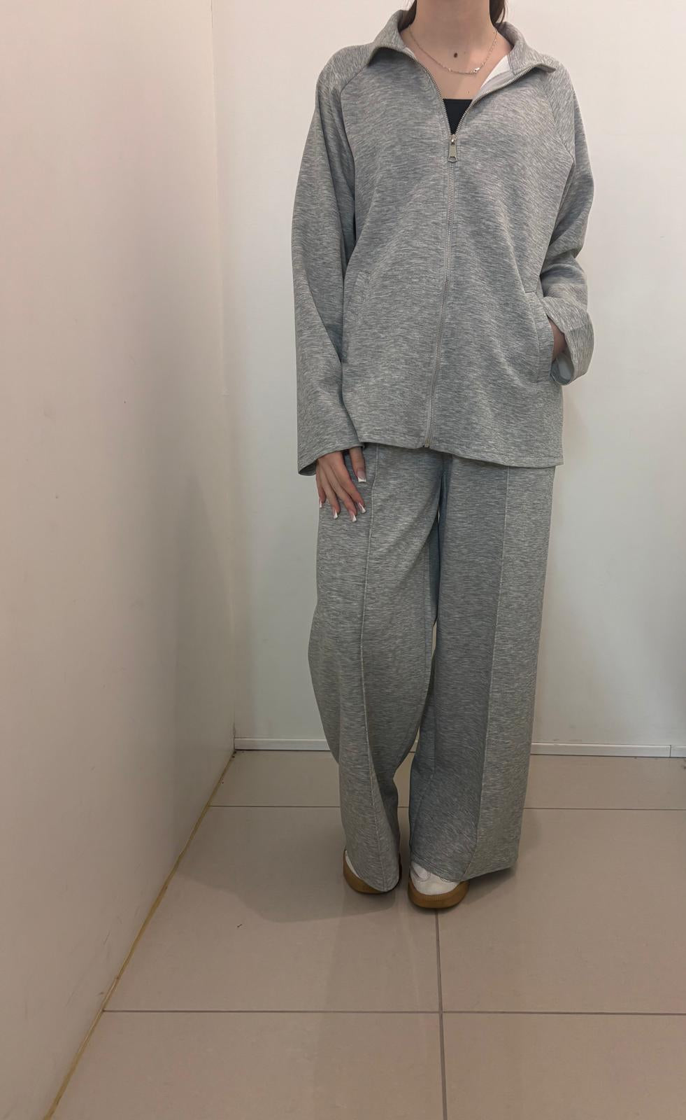 Ensemble oversize zippé veste ample à col montant et pantalon fluide taille haute