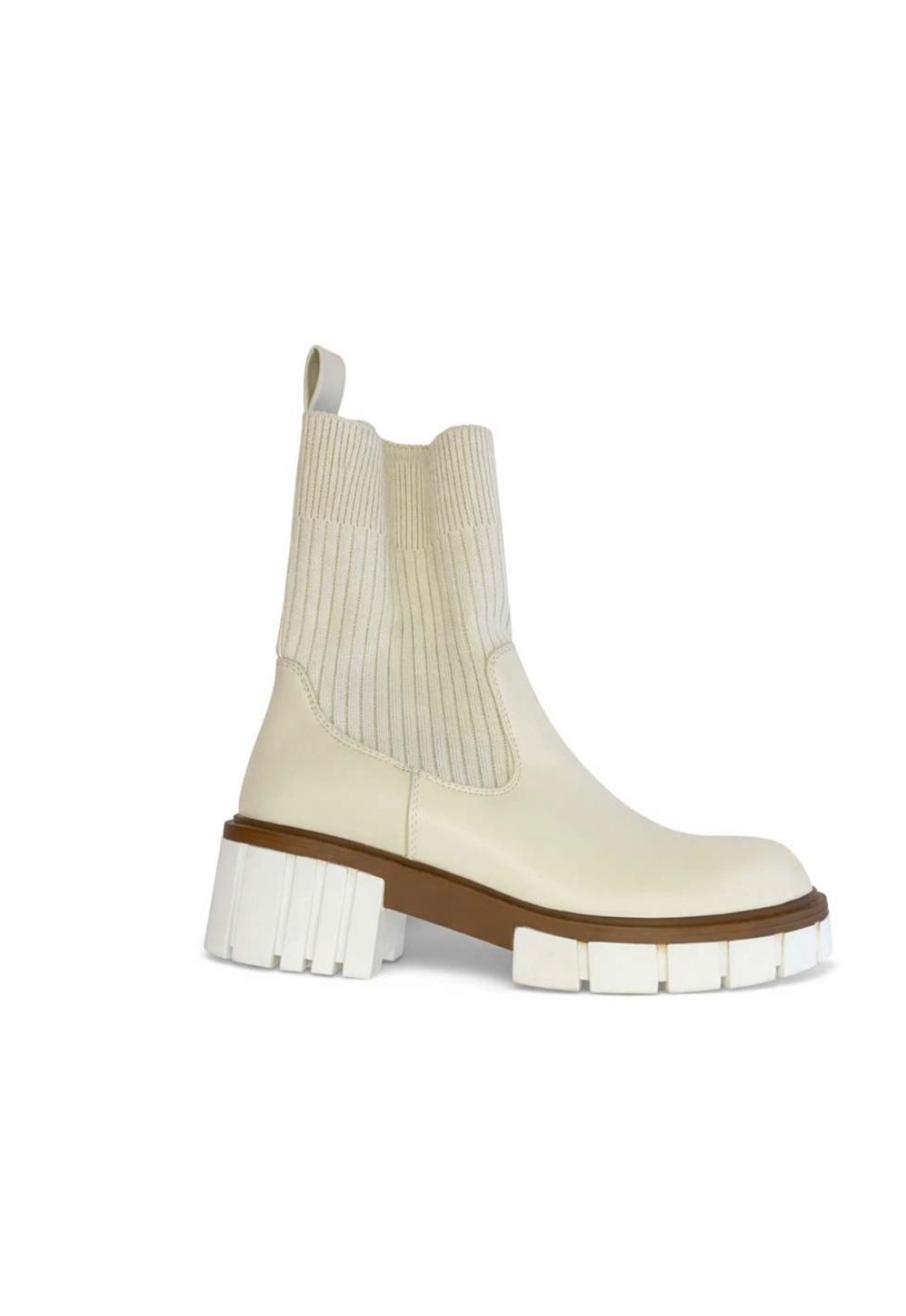 Bottines crème avec tige chaussette en maille et semelle épaisse crantée avec détail contrastant