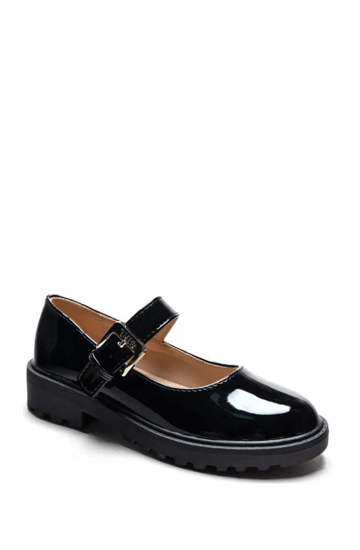 Chaussure Mary Jane vernis noir avec bride à boucle semelle crantée épaisse