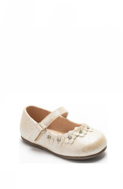 Chaussure Mary Jane pailletée avec bride et petites fleurs ornées de strass