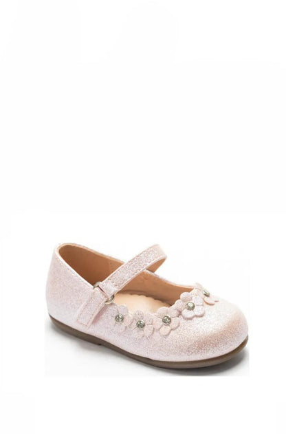 Chaussure Mary Jane pailletée avec bride et petites fleurs ornées de strass