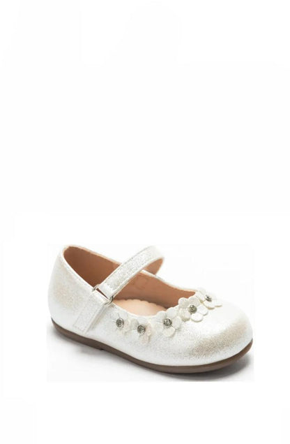 Chaussure Mary Jane pailletée avec bride et petites fleurs ornées de strass