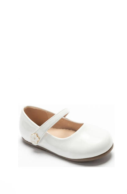 Chaussure Mary Jane vernis avec bride velcro ornée d'une petite fleur