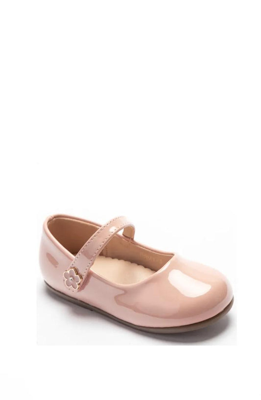 Chaussure Mary Jane vernis avec bride velcro ornée d'une petite fleur