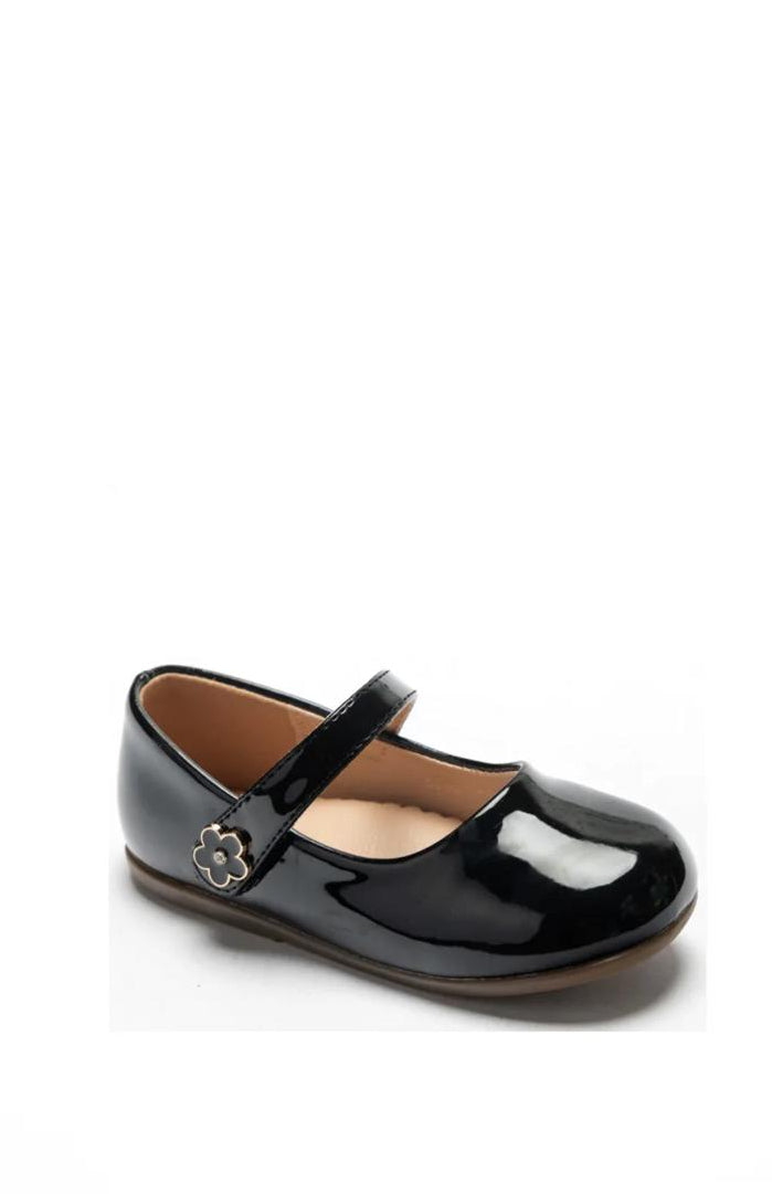Chaussure Mary Jane vernis avec bride velcro ornée d'une petite fleur