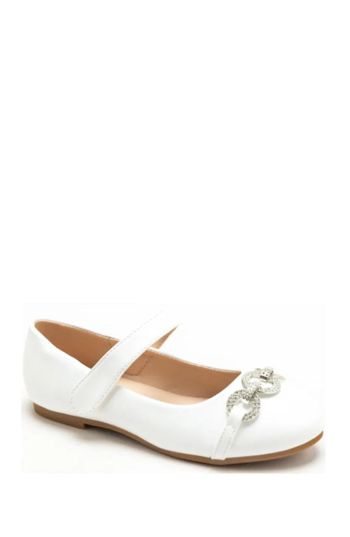 Chaussure Mary Jane blanche avec bride velcro et grand nœud strass brillant
