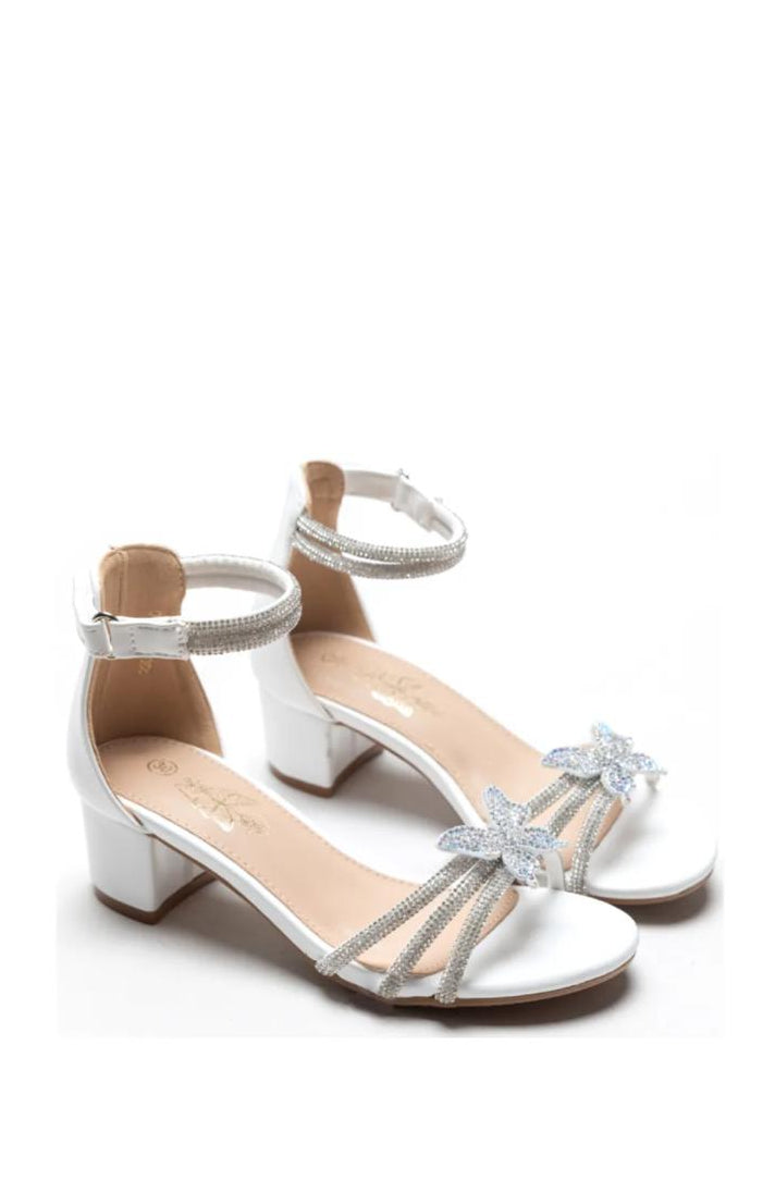 Sandale blanche à talon bloc avec brides strass et motif papillon brillant