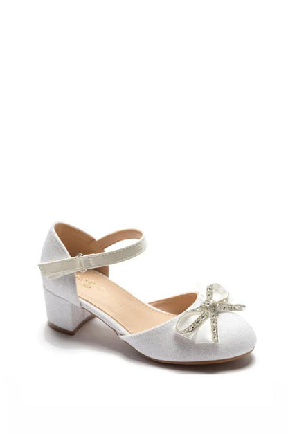 Chaussure à talon bloc avec bride cheville et nœud strass sur le devant
