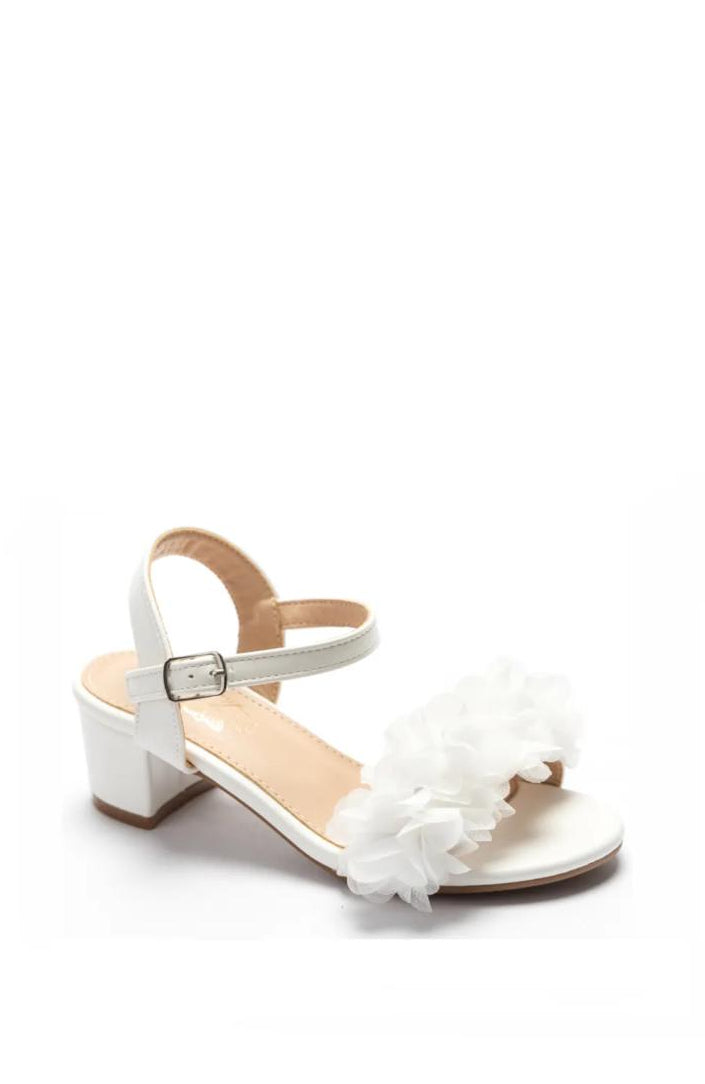 Sandale blanche à talon bloc avec grande fleur en tulle sur le dessus et bride cheville