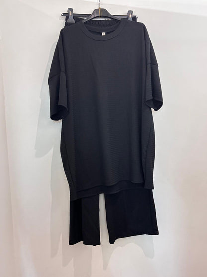 Ensemble côtelé – Top oversize manches mi-longues & pantalon wide-Leg fluide
