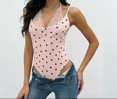 Body satin pois col V dentelle & bretelles fines