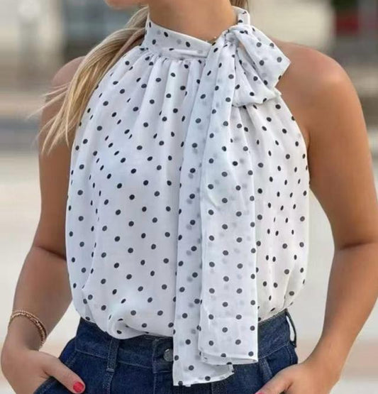 Top halter pois col montant nœud lavallière