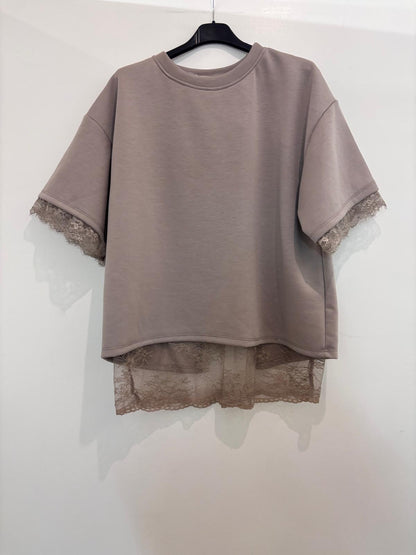 Top oversize col rond bordure dentelle manches & bas superposé