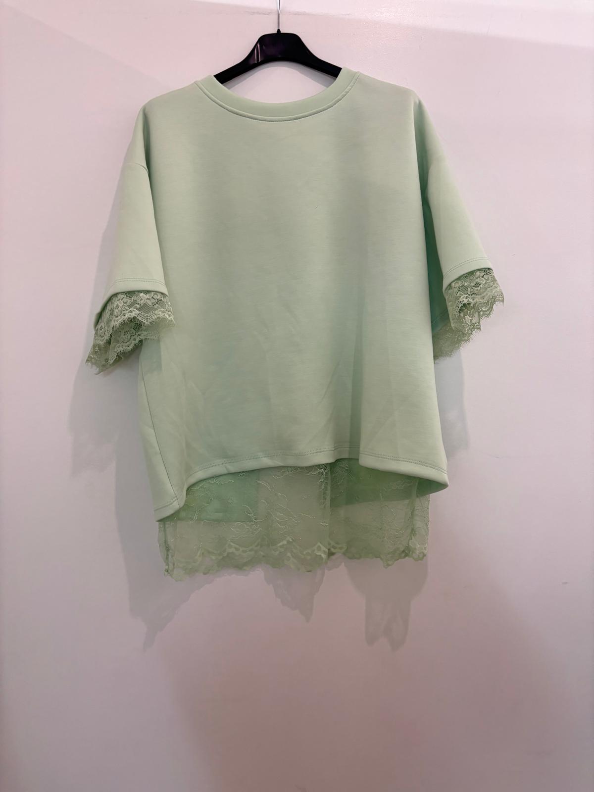 Top oversize col rond bordure dentelle manches & bas superposé