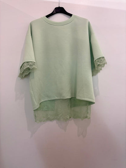 Top oversize col rond bordure dentelle manches & bas superposé
