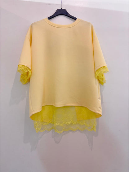 Top oversize col rond bordure dentelle manches & bas superposé