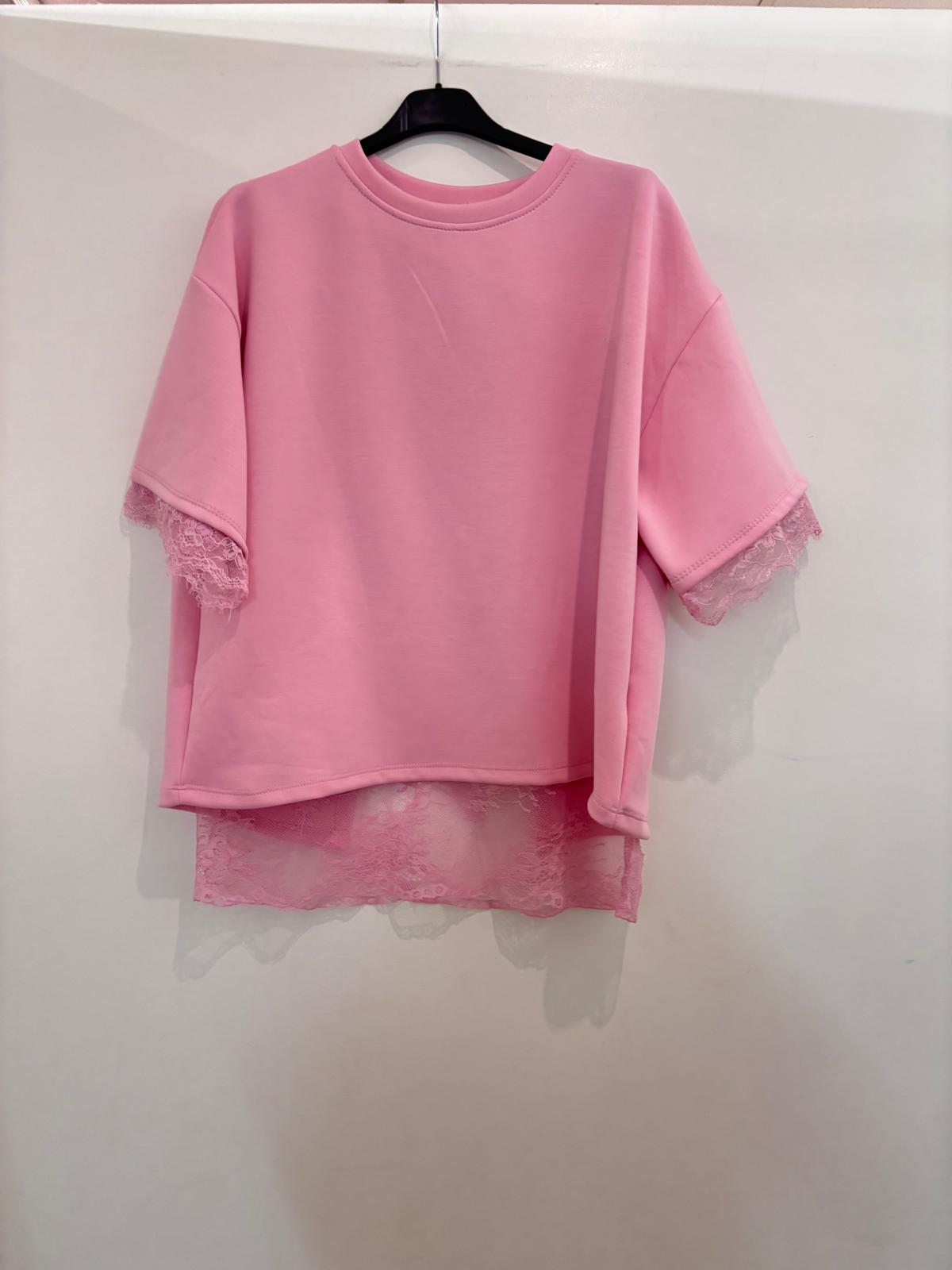 Top oversize col rond bordure dentelle manches & bas superposé