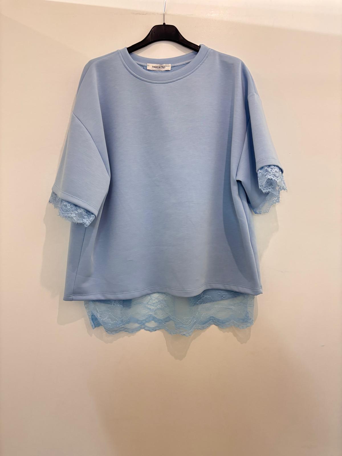 Top oversize col rond bordure dentelle manches & bas superposé