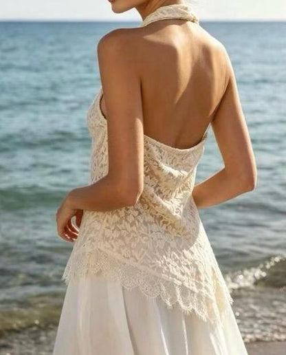 Top halter en dentelle à col bénitier drapé dos nu et bordure scallop