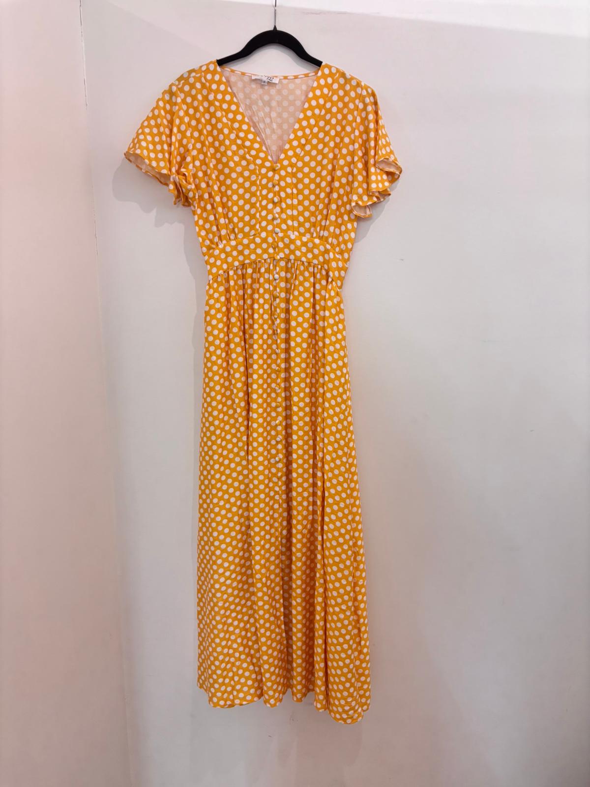 Robe midi à pois col V croisé manches papillon volantées et fente latérale coupe fluide