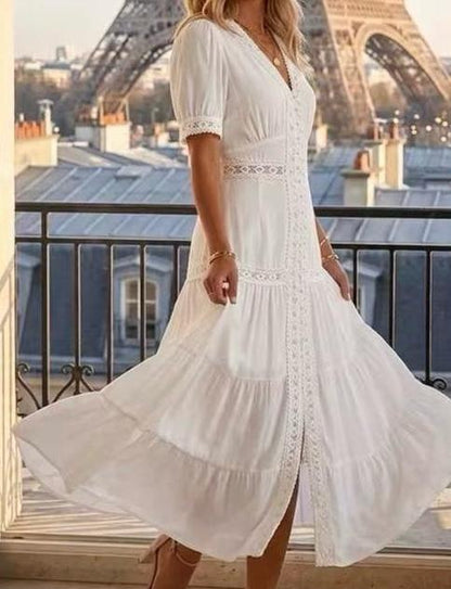 Robe midi à col V boutonné manches bouffantes courtes ornées de dentelle et bas évasée à volants