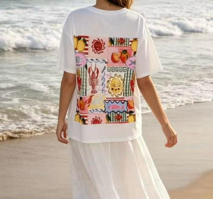 T-shirt oversize blanc col rond avec patch poitrine motif