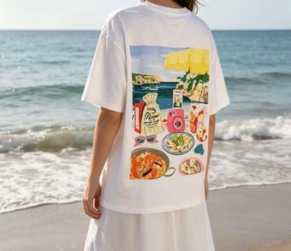 T-shirt oversize blanc col rond avec patch poitrine motif