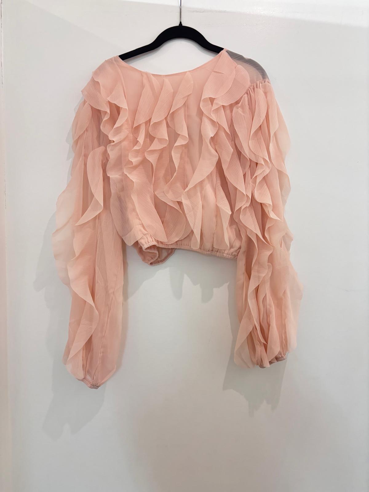Top crop en mousseline à volants superposés en pétales, manches longues bouffantes