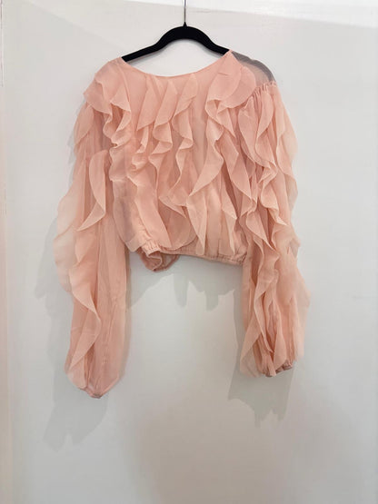 Top crop en mousseline à volants superposés en pétales, manches longues bouffantes