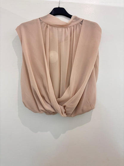 Top sans manches en mousseline transparente drapée col froncé et nœud torsadé à la taille