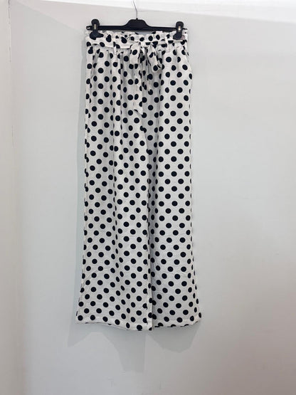 Pantalon large à pois taille élastiquée à nœud noué coupe fluide