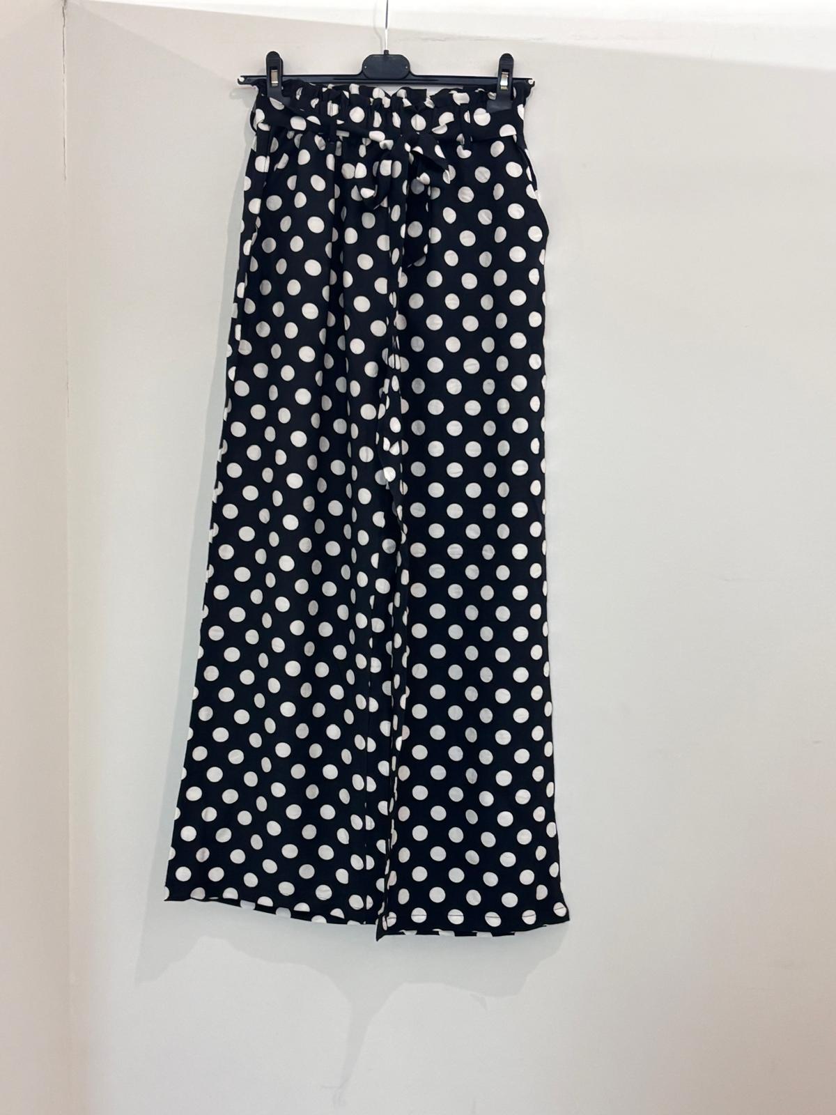 Pantalon large à pois taille élastiquée à nœud noué coupe fluide