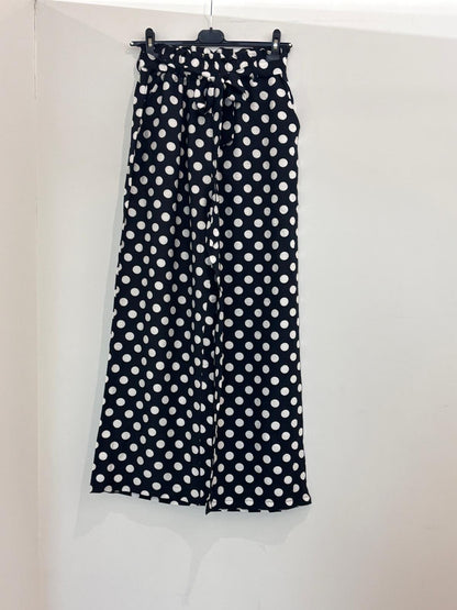 Pantalon large à pois taille élastiquée à nœud noué coupe fluide