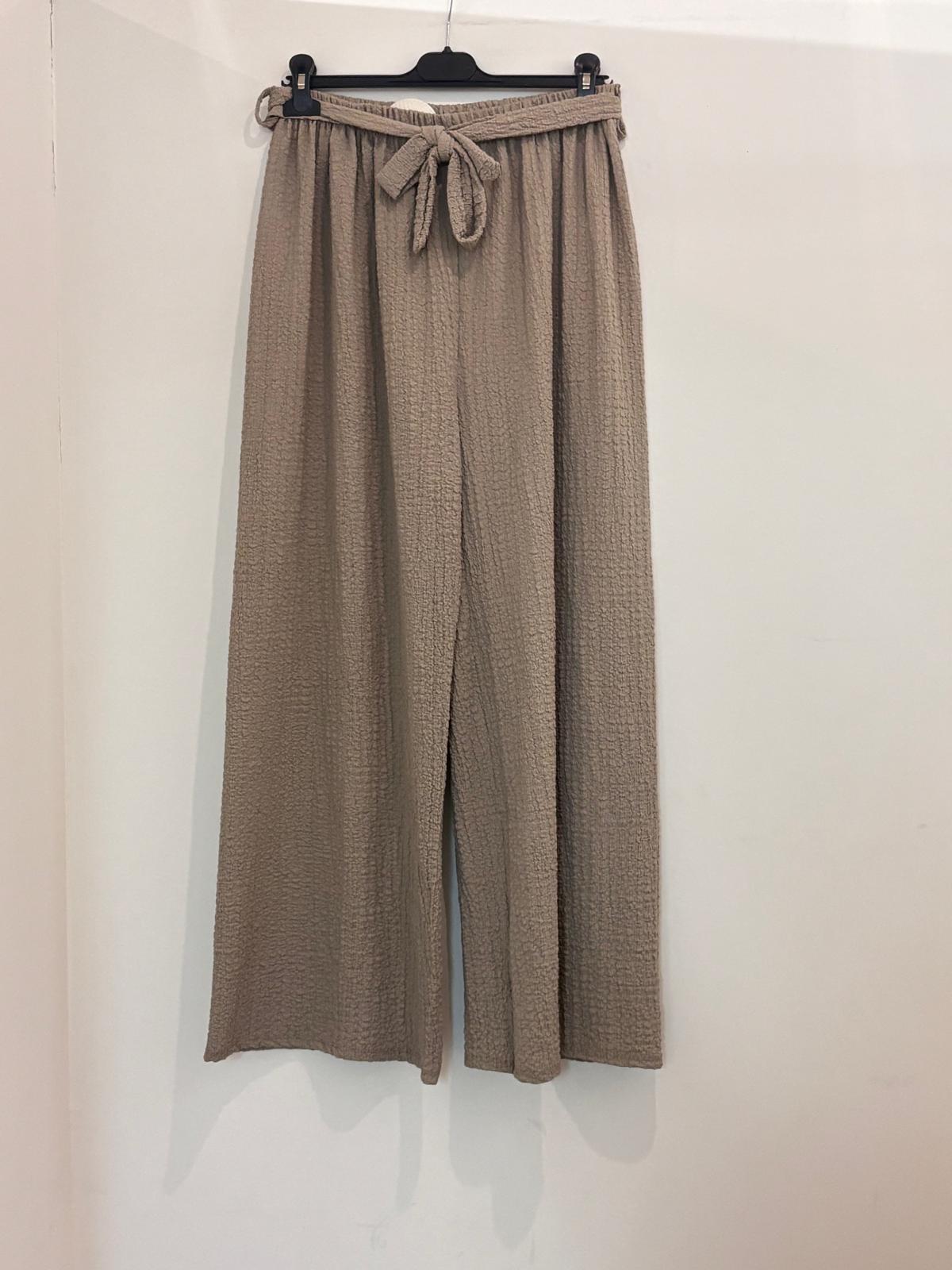 Pantalon large en tissu texturé taille élastiquée à nœud noué