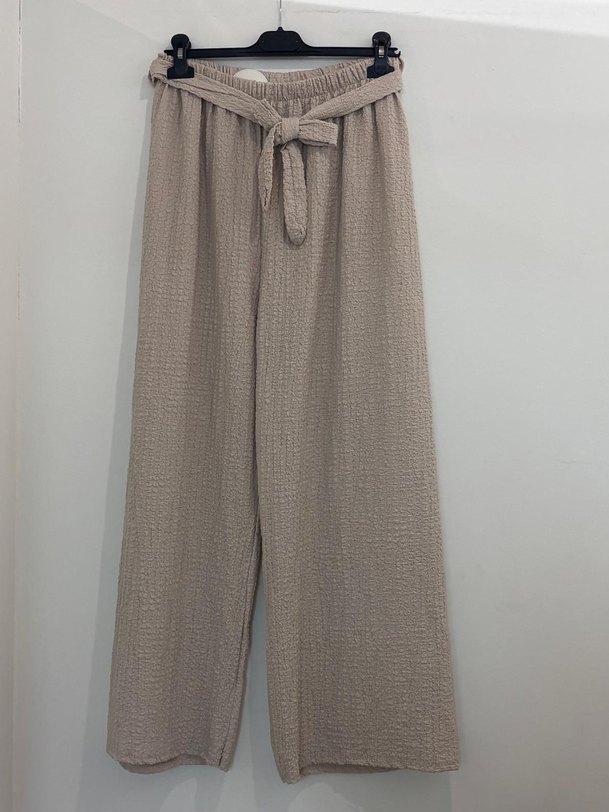Pantalon large en tissu texturé taille élastiquée à nœud noué