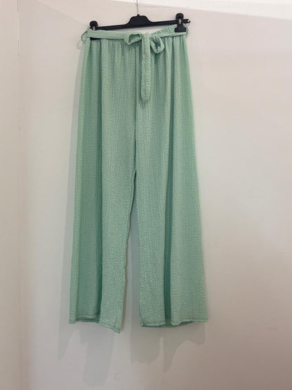 Pantalon large en tissu texturé taille élastiquée à nœud noué