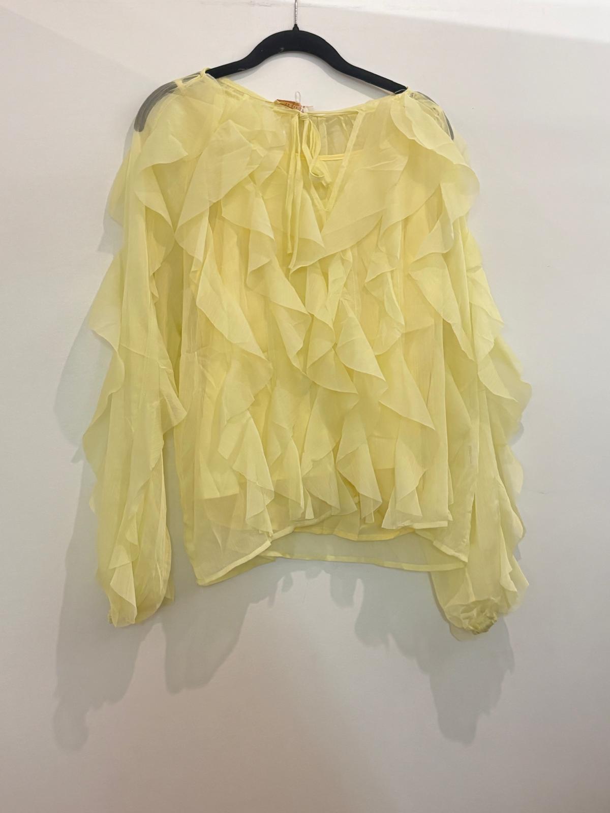 Blouse en voile à volants cascade manches longues bouffantes
