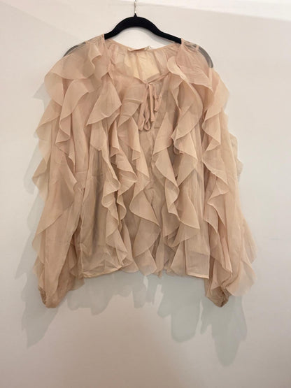 Blouse en voile à volants cascade manches longues bouffantes